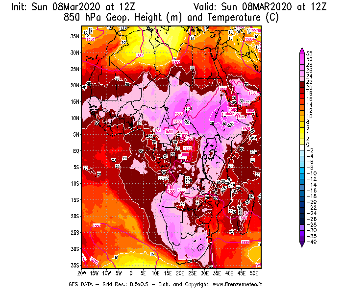 Mappa di analisi GFS - Geopotenziale [m] e Temperatura [°C] a 850 hPa in Africa
							del 08/03/2020 12 <!--googleoff: index-->UTC<!--googleon: index-->