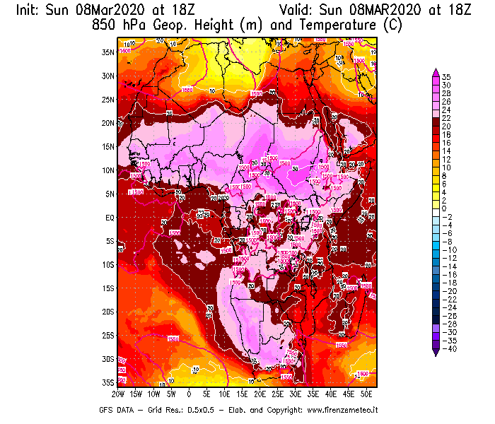 Mappa di analisi GFS - Geopotenziale [m] e Temperatura [°C] a 850 hPa in Africa
							del 08/03/2020 18 <!--googleoff: index-->UTC<!--googleon: index-->
