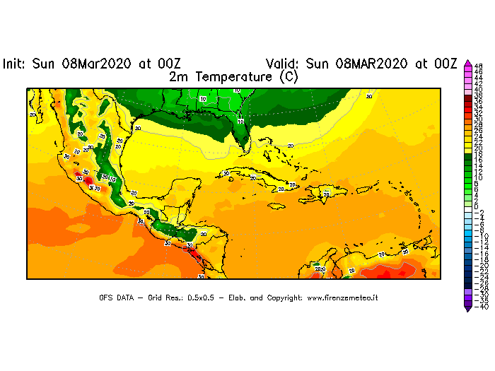 Mappa di analisi GFS - Temperatura a 2 metri dal suolo [°C] in Centro-America
							del 08/03/2020 00 <!--googleoff: index-->UTC<!--googleon: index-->