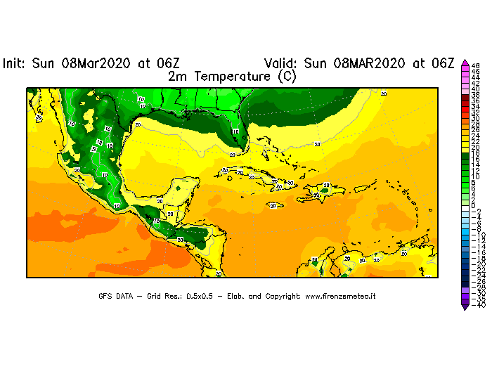 Mappa di analisi GFS - Temperatura a 2 metri dal suolo [°C] in Centro-America
							del 08/03/2020 06 <!--googleoff: index-->UTC<!--googleon: index-->