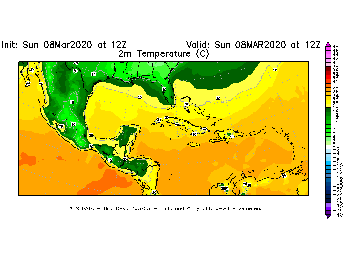 Mappa di analisi GFS - Temperatura a 2 metri dal suolo [°C] in Centro-America
							del 08/03/2020 12 <!--googleoff: index-->UTC<!--googleon: index-->