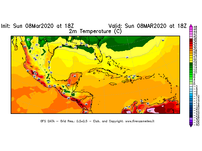 Mappa di analisi GFS - Temperatura a 2 metri dal suolo [°C] in Centro-America
							del 08/03/2020 18 <!--googleoff: index-->UTC<!--googleon: index-->