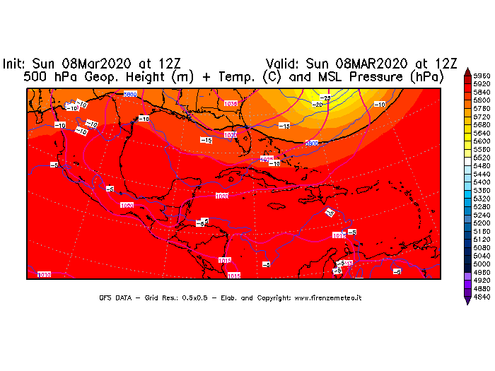 Mappa di analisi GFS - Geopotenziale [m] + Temp. [°C] a 500 hPa + Press. a livello del mare [hPa] in Centro-America
							del 08/03/2020 12 <!--googleoff: index-->UTC<!--googleon: index-->