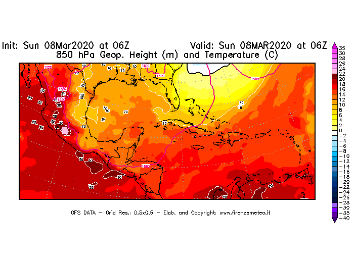 Mappa di analisi GFS - Geopotenziale [m] e Temperatura [°C] a 850 hPa in Centro-America
							del 08/03/2020 06 <!--googleoff: index-->UTC<!--googleon: index-->