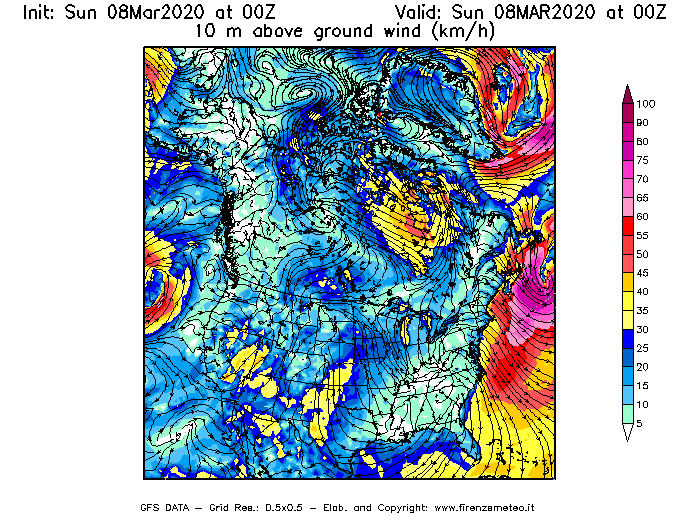 Mappa di analisi GFS - Velocità del vento a 10 metri dal suolo [km/h] in Nord-America
							del 08/03/2020 00 <!--googleoff: index-->UTC<!--googleon: index-->