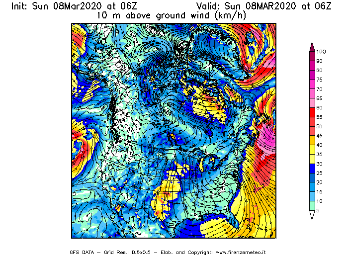 Mappa di analisi GFS - Velocità del vento a 10 metri dal suolo [km/h] in Nord-America
							del 08/03/2020 06 <!--googleoff: index-->UTC<!--googleon: index-->