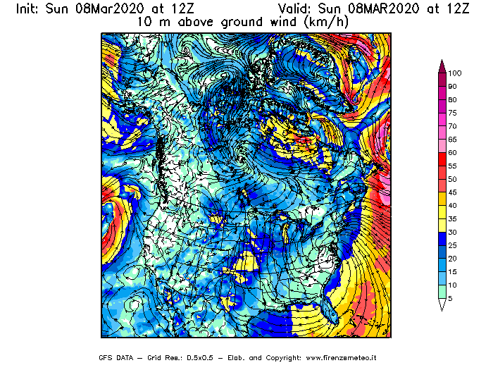 Mappa di analisi GFS - Velocità del vento a 10 metri dal suolo [km/h] in Nord-America
							del 08/03/2020 12 <!--googleoff: index-->UTC<!--googleon: index-->