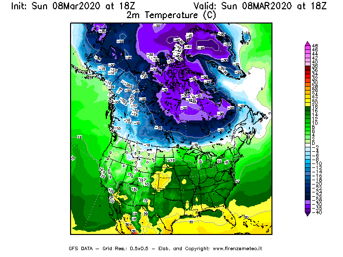 Mappa di analisi GFS - Temperatura a 2 metri dal suolo [°C] in Nord-America
							del 08/03/2020 18 <!--googleoff: index-->UTC<!--googleon: index-->