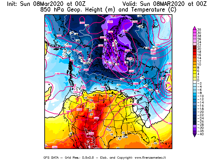 Mappa di analisi GFS - Geopotenziale [m] e Temperatura [°C] a 850 hPa in Nord-America
							del 08/03/2020 00 <!--googleoff: index-->UTC<!--googleon: index-->