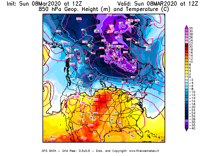 Mappa di analisi GFS - Geopotenziale [m] e Temperatura [°C] a 850 hPa in Nord-America
							del 08/03/2020 12 <!--googleoff: index-->UTC<!--googleon: index-->