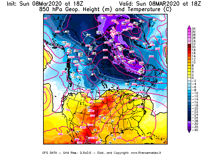 Mappa di analisi GFS - Geopotenziale [m] e Temperatura [°C] a 850 hPa in Nord-America
							del 08/03/2020 18 <!--googleoff: index-->UTC<!--googleon: index-->