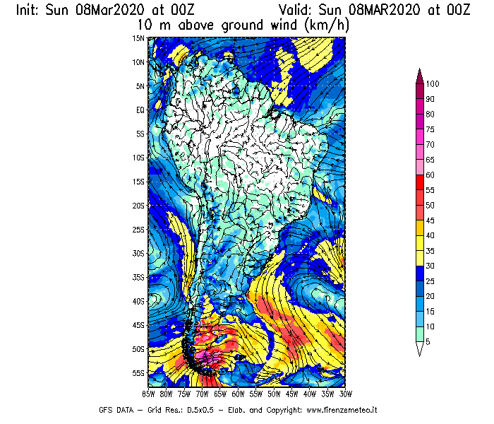 Mappa di analisi GFS - Velocità del vento a 10 metri dal suolo [km/h] in Sud-America
							del 08/03/2020 00 <!--googleoff: index-->UTC<!--googleon: index-->