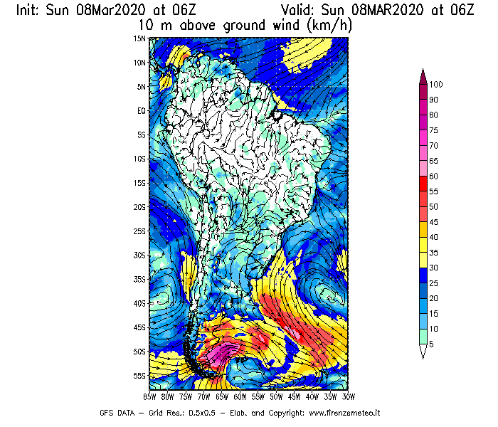Mappa di analisi GFS - Velocità del vento a 10 metri dal suolo [km/h] in Sud-America
							del 08/03/2020 06 <!--googleoff: index-->UTC<!--googleon: index-->