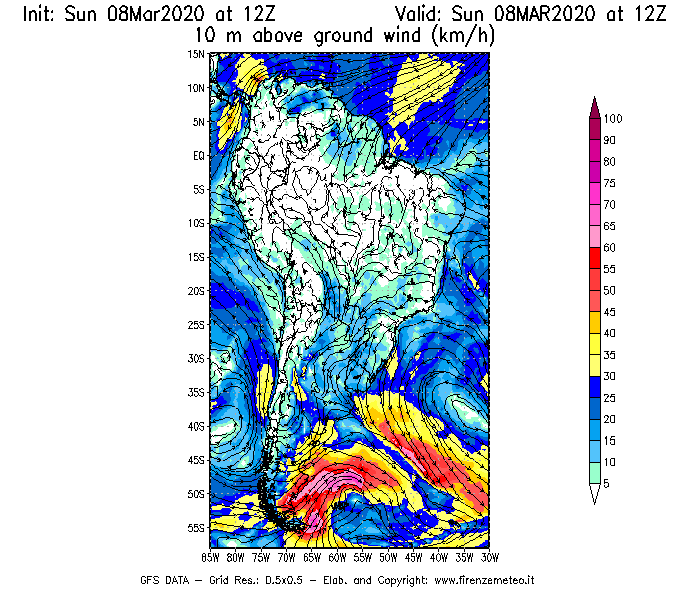 Mappa di analisi GFS - Velocità del vento a 10 metri dal suolo [km/h] in Sud-America
							del 08/03/2020 12 <!--googleoff: index-->UTC<!--googleon: index-->