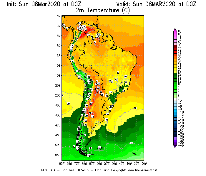 Mappa di analisi GFS - Temperatura a 2 metri dal suolo [°C] in Sud-America
							del 08/03/2020 00 <!--googleoff: index-->UTC<!--googleon: index-->