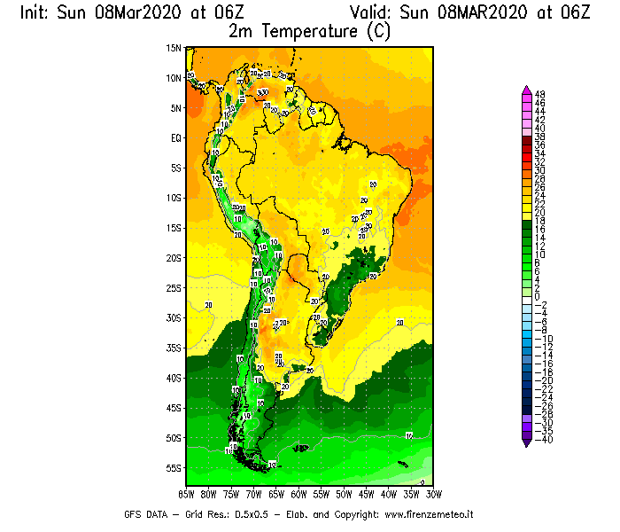 Mappa di analisi GFS - Temperatura a 2 metri dal suolo [°C] in Sud-America
							del 08/03/2020 06 <!--googleoff: index-->UTC<!--googleon: index-->