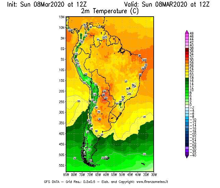 Mappa di analisi GFS - Temperatura a 2 metri dal suolo [°C] in Sud-America
							del 08/03/2020 12 <!--googleoff: index-->UTC<!--googleon: index-->