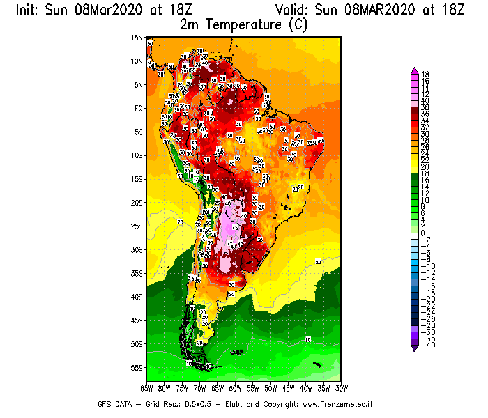 Mappa di analisi GFS - Temperatura a 2 metri dal suolo [°C] in Sud-America
							del 08/03/2020 18 <!--googleoff: index-->UTC<!--googleon: index-->