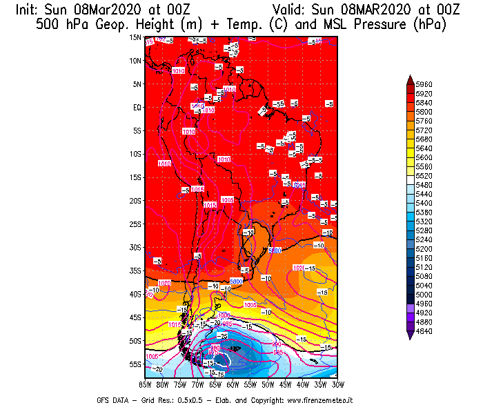Mappa di analisi GFS - Geopotenziale [m] + Temp. [°C] a 500 hPa + Press. a livello del mare [hPa] in Sud-America
							del 08/03/2020 00 <!--googleoff: index-->UTC<!--googleon: index-->