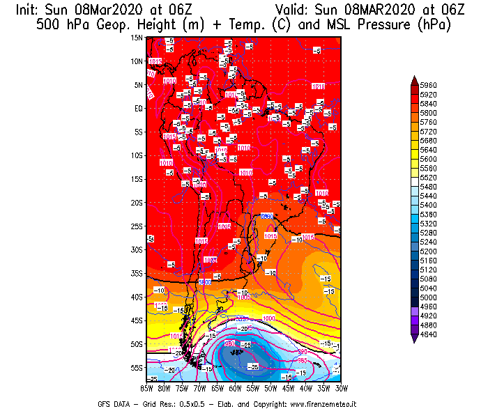 Mappa di analisi GFS - Geopotenziale [m] + Temp. [°C] a 500 hPa + Press. a livello del mare [hPa] in Sud-America
							del 08/03/2020 06 <!--googleoff: index-->UTC<!--googleon: index-->
