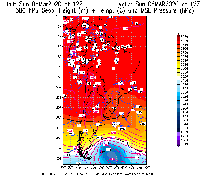Mappa di analisi GFS - Geopotenziale [m] + Temp. [°C] a 500 hPa + Press. a livello del mare [hPa] in Sud-America
							del 08/03/2020 12 <!--googleoff: index-->UTC<!--googleon: index-->