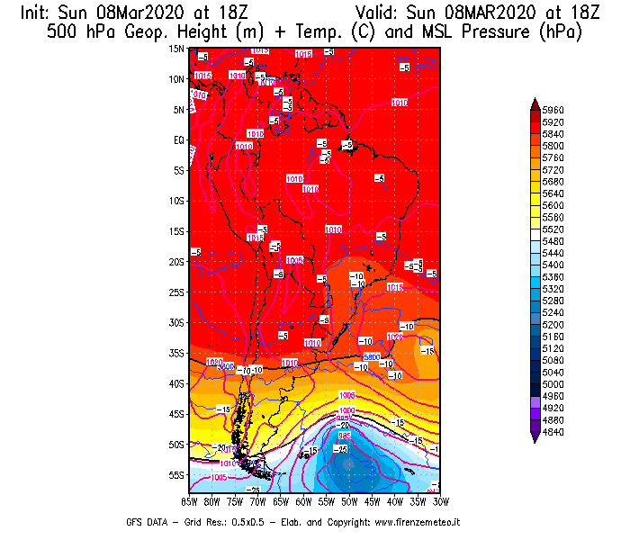 Mappa di analisi GFS - Geopotenziale [m] + Temp. [°C] a 500 hPa + Press. a livello del mare [hPa] in Sud-America
							del 08/03/2020 18 <!--googleoff: index-->UTC<!--googleon: index-->