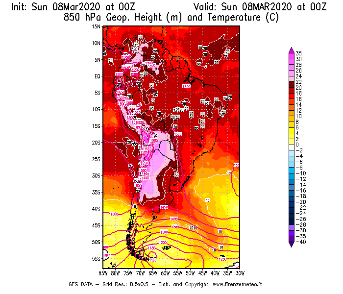 Mappa di analisi GFS - Geopotenziale [m] e Temperatura [°C] a 850 hPa in Sud-America
							del 08/03/2020 00 <!--googleoff: index-->UTC<!--googleon: index-->
