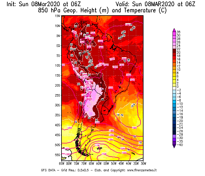 Mappa di analisi GFS - Geopotenziale [m] e Temperatura [°C] a 850 hPa in Sud-America
							del 08/03/2020 06 <!--googleoff: index-->UTC<!--googleon: index-->