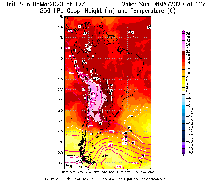Mappa di analisi GFS - Geopotenziale [m] e Temperatura [°C] a 850 hPa in Sud-America
							del 08/03/2020 12 <!--googleoff: index-->UTC<!--googleon: index-->