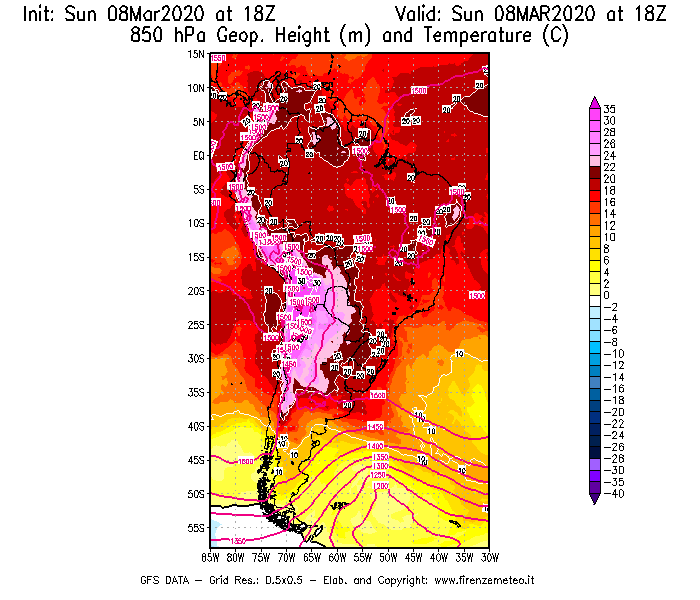 Mappa di analisi GFS - Geopotenziale [m] e Temperatura [°C] a 850 hPa in Sud-America
							del 08/03/2020 18 <!--googleoff: index-->UTC<!--googleon: index-->