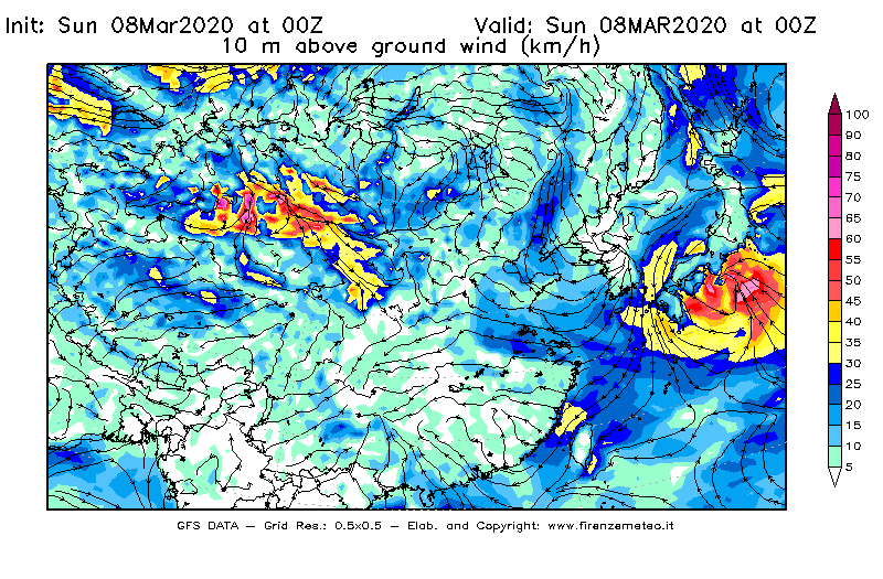 Mappa di analisi GFS - Velocità del vento a 10 metri dal suolo [km/h] in Asia Orientale
							del 08/03/2020 00 <!--googleoff: index-->UTC<!--googleon: index-->