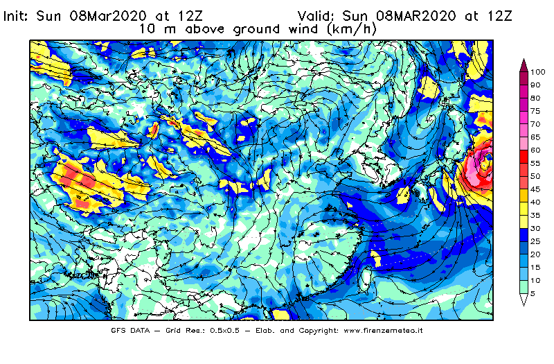 Mappa di analisi GFS - Velocità del vento a 10 metri dal suolo [km/h] in Asia Orientale
							del 08/03/2020 12 <!--googleoff: index-->UTC<!--googleon: index-->