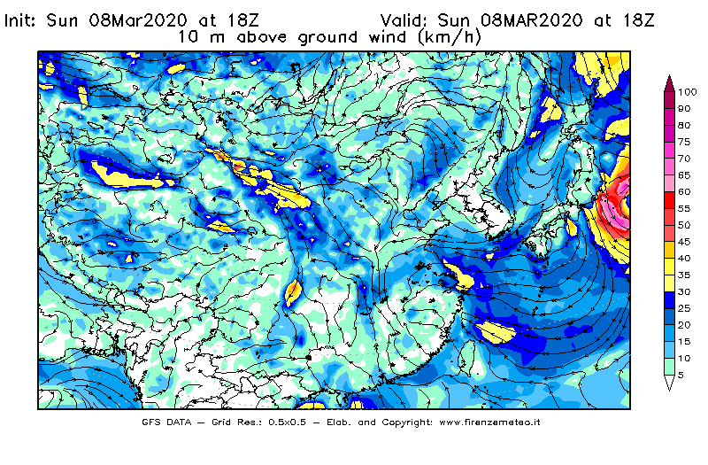 Mappa di analisi GFS - Velocità del vento a 10 metri dal suolo [km/h] in Asia Orientale
							del 08/03/2020 18 <!--googleoff: index-->UTC<!--googleon: index-->