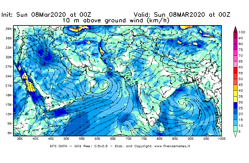 Mappa di analisi GFS - Velocità del vento a 10 metri dal suolo [km/h] in Asia Sud-Occidentale
							del 08/03/2020 00 <!--googleoff: index-->UTC<!--googleon: index-->