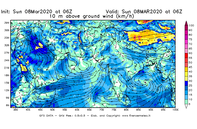 Mappa di analisi GFS - Velocità del vento a 10 metri dal suolo [km/h] in Asia Sud-Occidentale
							del 08/03/2020 06 <!--googleoff: index-->UTC<!--googleon: index-->