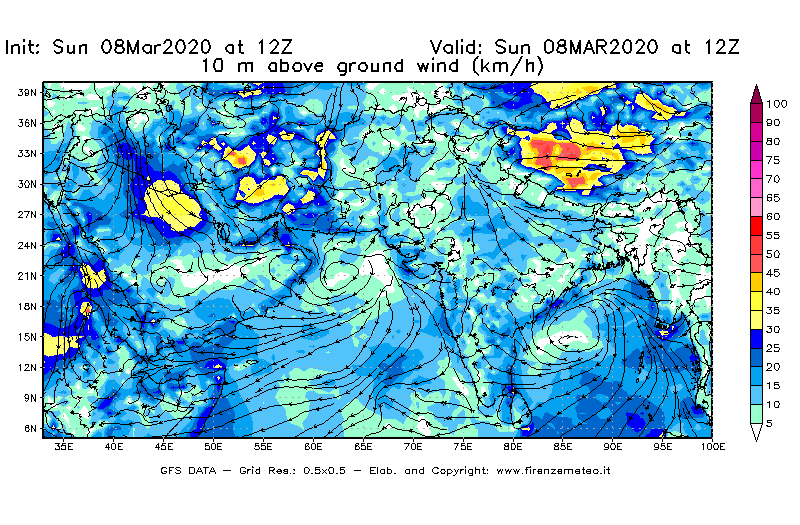 Mappa di analisi GFS - Velocità del vento a 10 metri dal suolo [km/h] in Asia Sud-Occidentale
							del 08/03/2020 12 <!--googleoff: index-->UTC<!--googleon: index-->