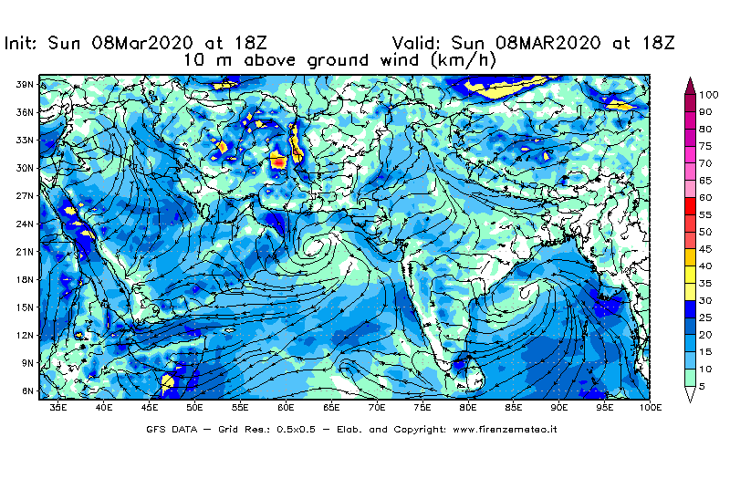 Mappa di analisi GFS - Velocità del vento a 10 metri dal suolo [km/h] in Asia Sud-Occidentale
							del 08/03/2020 18 <!--googleoff: index-->UTC<!--googleon: index-->