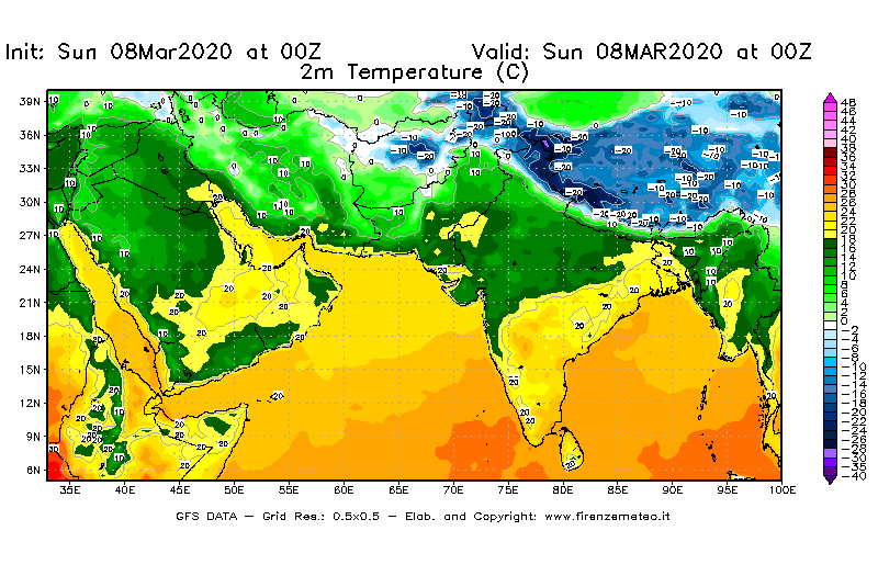 Mappa di analisi GFS - Temperatura a 2 metri dal suolo [°C] in Asia Sud-Occidentale
							del 08/03/2020 00 <!--googleoff: index-->UTC<!--googleon: index-->