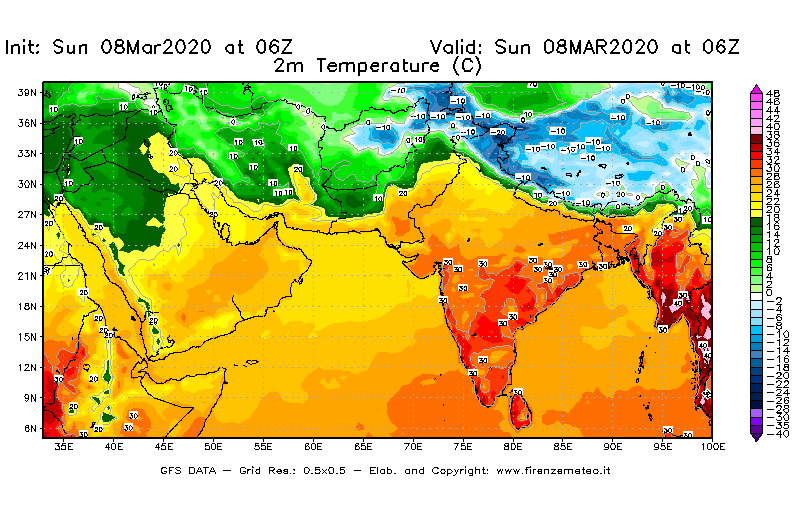 Mappa di analisi GFS - Temperatura a 2 metri dal suolo [°C] in Asia Sud-Occidentale
							del 08/03/2020 06 <!--googleoff: index-->UTC<!--googleon: index-->