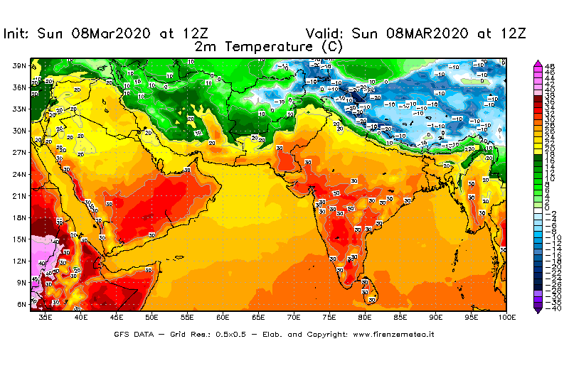 Mappa di analisi GFS - Temperatura a 2 metri dal suolo [°C] in Asia Sud-Occidentale
							del 08/03/2020 12 <!--googleoff: index-->UTC<!--googleon: index-->