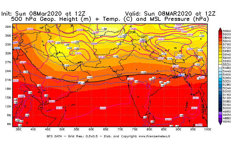 Mappa di analisi GFS - Geopotenziale [m] + Temp. [°C] a 500 hPa + Press. a livello del mare [hPa] in Asia Sud-Occidentale
							del 08/03/2020 12 <!--googleoff: index-->UTC<!--googleon: index-->