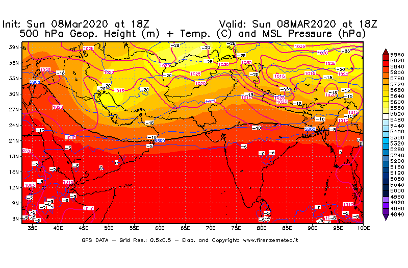 Mappa di analisi GFS - Geopotenziale [m] + Temp. [°C] a 500 hPa + Press. a livello del mare [hPa] in Asia Sud-Occidentale
							del 08/03/2020 18 <!--googleoff: index-->UTC<!--googleon: index-->