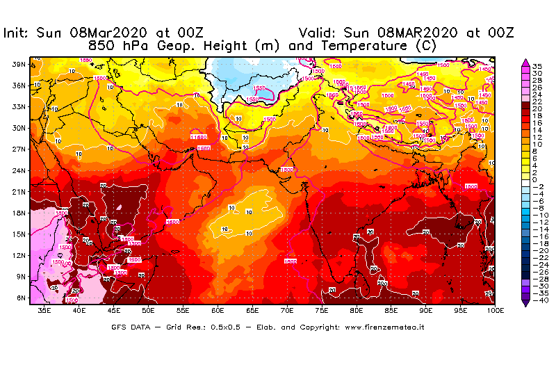 Mappa di analisi GFS - Geopotenziale [m] e Temperatura [°C] a 850 hPa in Asia Sud-Occidentale
							del 08/03/2020 00 <!--googleoff: index-->UTC<!--googleon: index-->