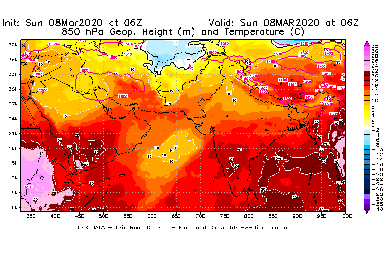 Mappa di analisi GFS - Geopotenziale [m] e Temperatura [°C] a 850 hPa in Asia Sud-Occidentale
							del 08/03/2020 06 <!--googleoff: index-->UTC<!--googleon: index-->