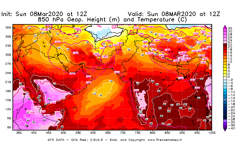 Mappa di analisi GFS - Geopotenziale [m] e Temperatura [°C] a 850 hPa in Asia Sud-Occidentale
							del 08/03/2020 12 <!--googleoff: index-->UTC<!--googleon: index-->