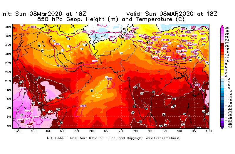 Mappa di analisi GFS - Geopotenziale [m] e Temperatura [°C] a 850 hPa in Asia Sud-Occidentale
							del 08/03/2020 18 <!--googleoff: index-->UTC<!--googleon: index-->