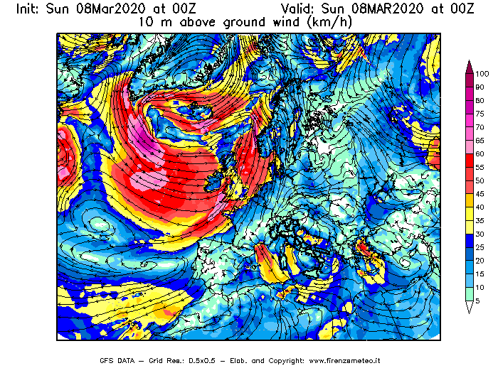 Mappa di analisi GFS - Velocità del vento a 10 metri dal suolo [km/h] in Europa
							del 08/03/2020 00 <!--googleoff: index-->UTC<!--googleon: index-->