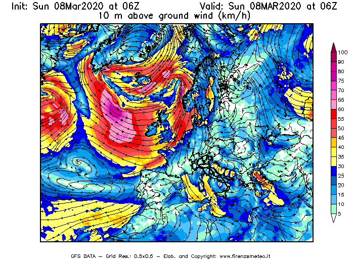Mappa di analisi GFS - Velocità del vento a 10 metri dal suolo [km/h] in Europa
							del 08/03/2020 06 <!--googleoff: index-->UTC<!--googleon: index-->
