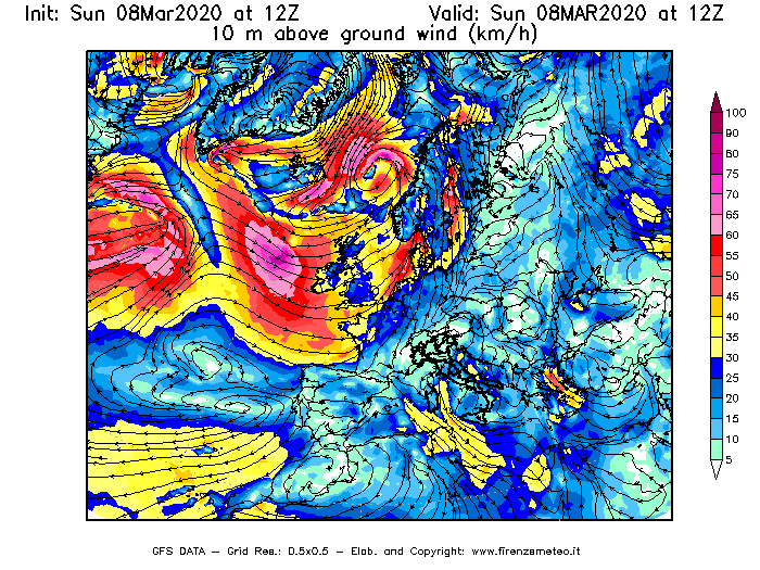 Mappa di analisi GFS - Velocità del vento a 10 metri dal suolo [km/h] in Europa
							del 08/03/2020 12 <!--googleoff: index-->UTC<!--googleon: index-->