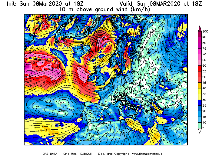 Mappa di analisi GFS - Velocità del vento a 10 metri dal suolo [km/h] in Europa
							del 08/03/2020 18 <!--googleoff: index-->UTC<!--googleon: index-->